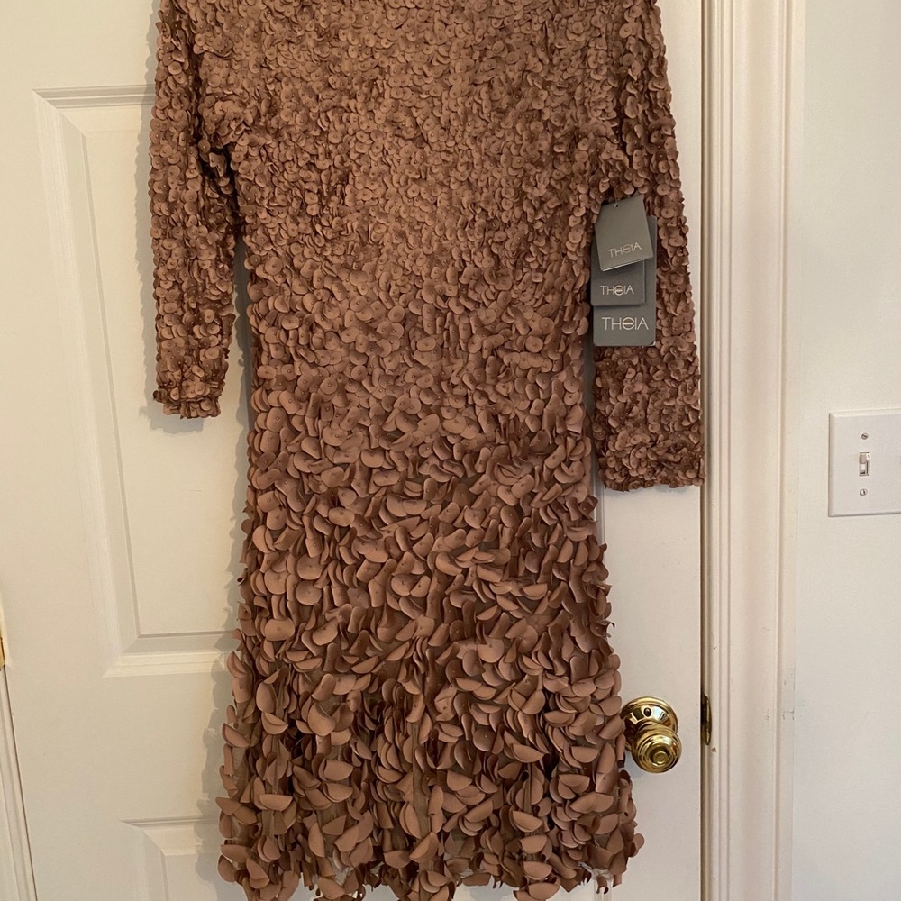 Theia formal Champagne pedal midi dress